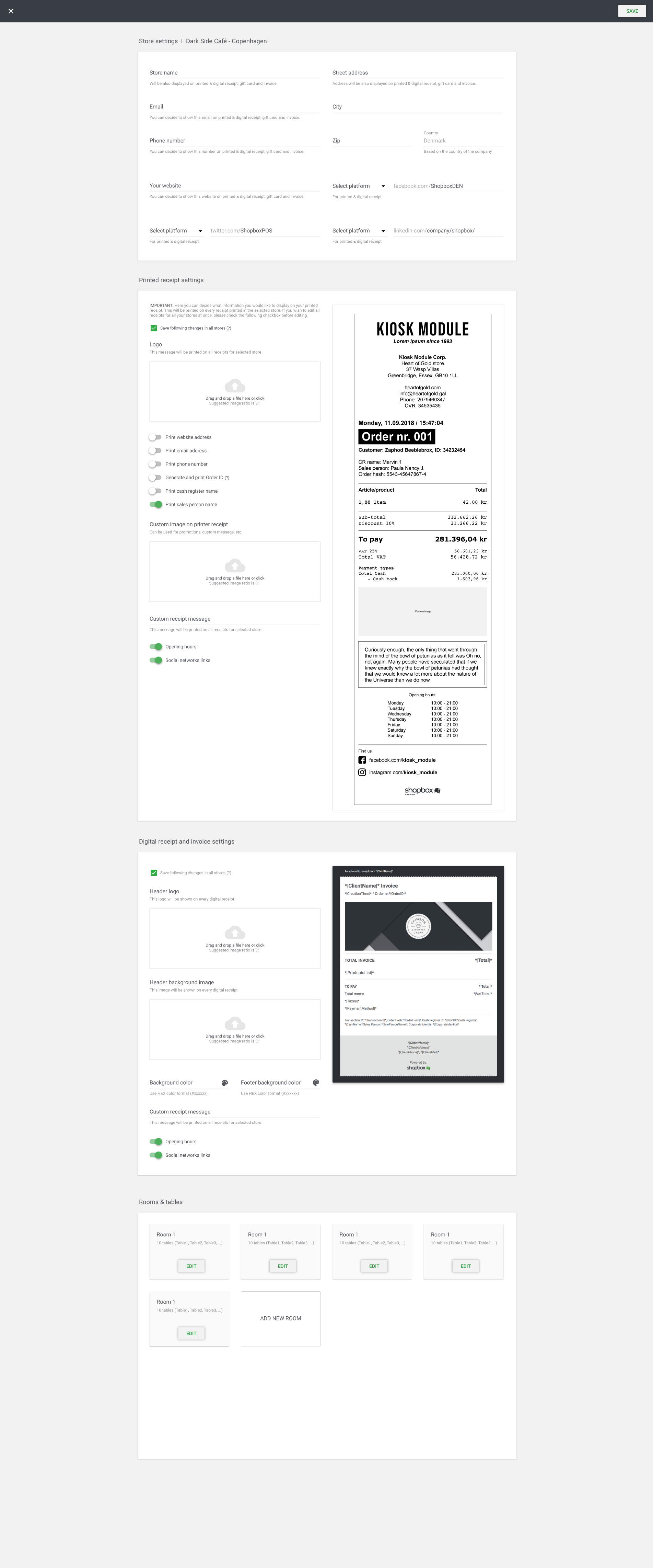 Store settings, printed and digital receipt - edit mode (Designed by Frederik Smal)