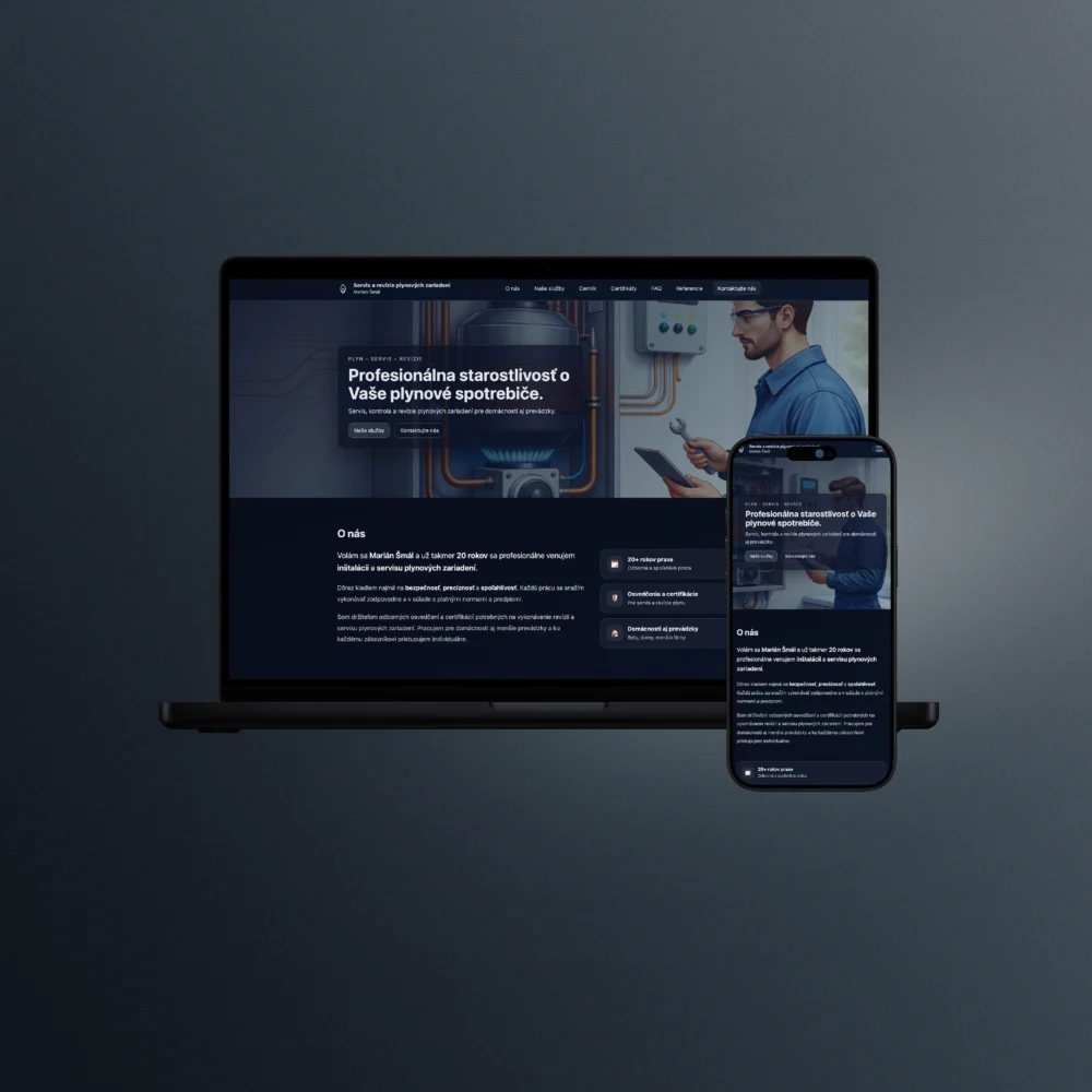 ServisKotlovBB.sk website redesign mockup showing responsive homepage layout with services, pricing, certificates, FAQ, and contact sections.