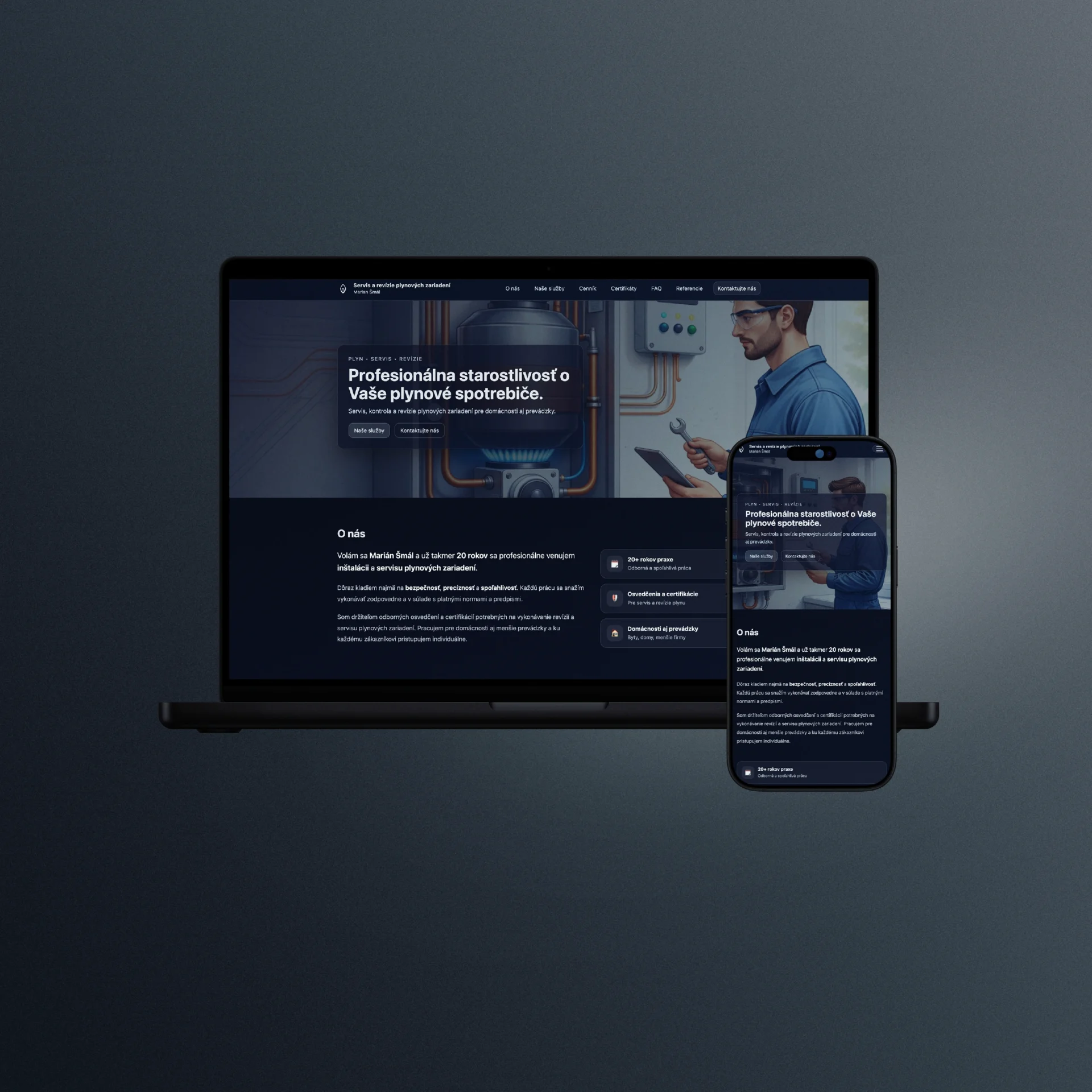 ServisKotlovBB.sk website redesign mockup showing responsive homepage layout with services, pricing, certificates, FAQ, and contact sections.