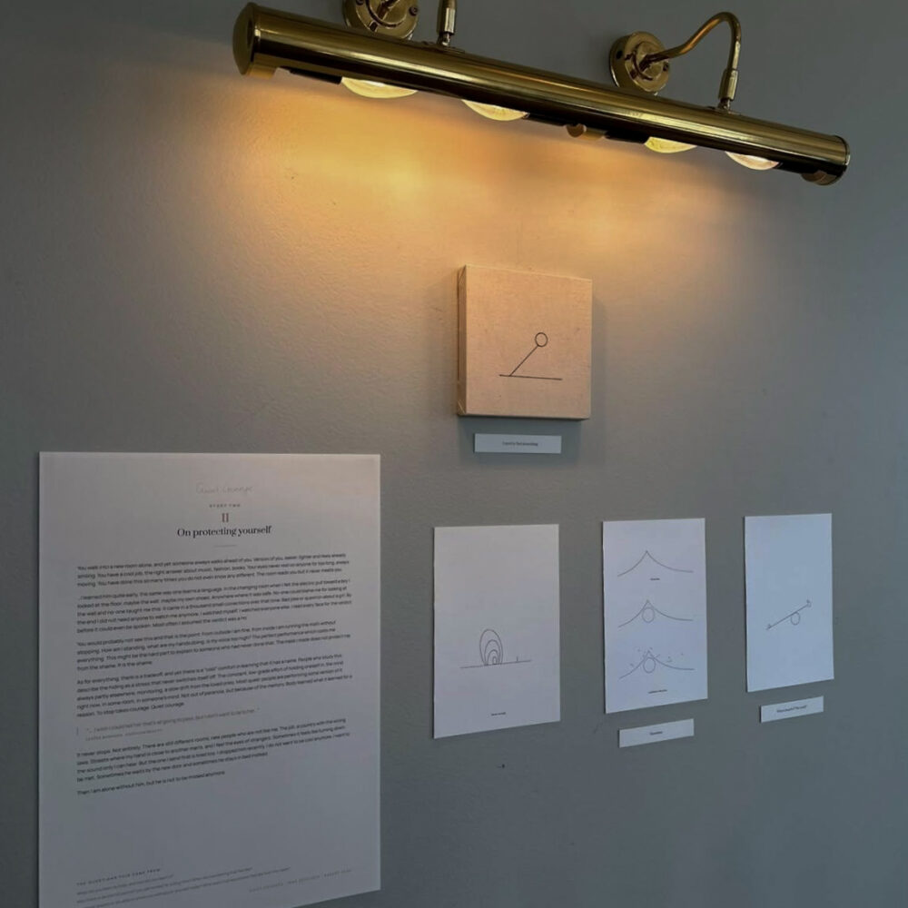 Installation view of Quiet Courage by Frederik Smal at IÐNÓ in Reykjavík, showing line drawings and the Story Two wall text, “On protecting yourself.”